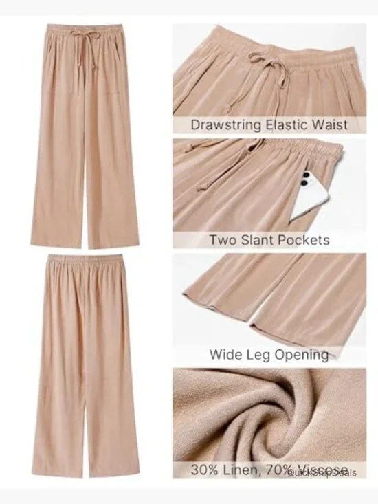 Linen Wide Leg Pants High Waisted Drawstring Elastic Waist Palazzo Trousers - Picture 5 of 7
